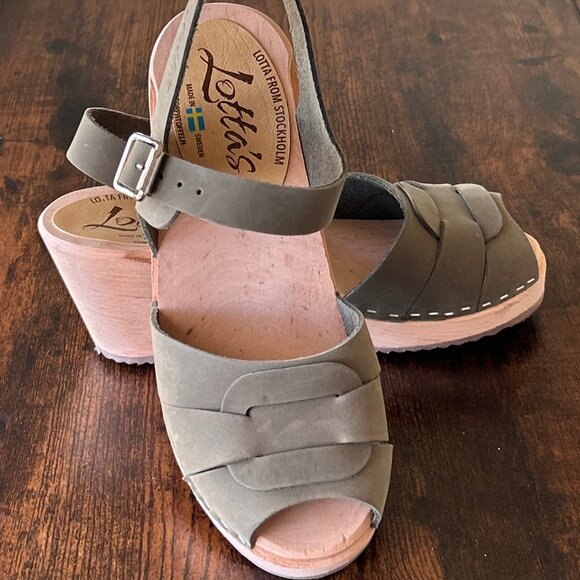 NWOT Lotta frm Stockholm Peep Toe Clogs Olive Leather ~ 37 ~ 6.5 - Picture 12 of 13